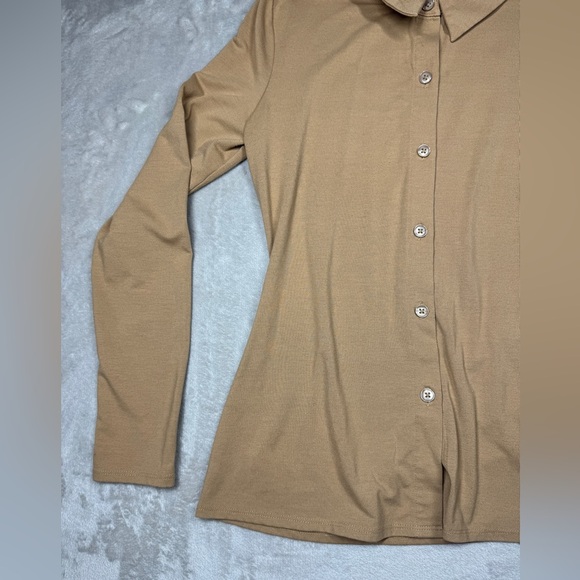 Open Edit Stretch Knit Tan Cartouche Long Sleeve Collared Button Up Blouse S - Picture 3 of 16